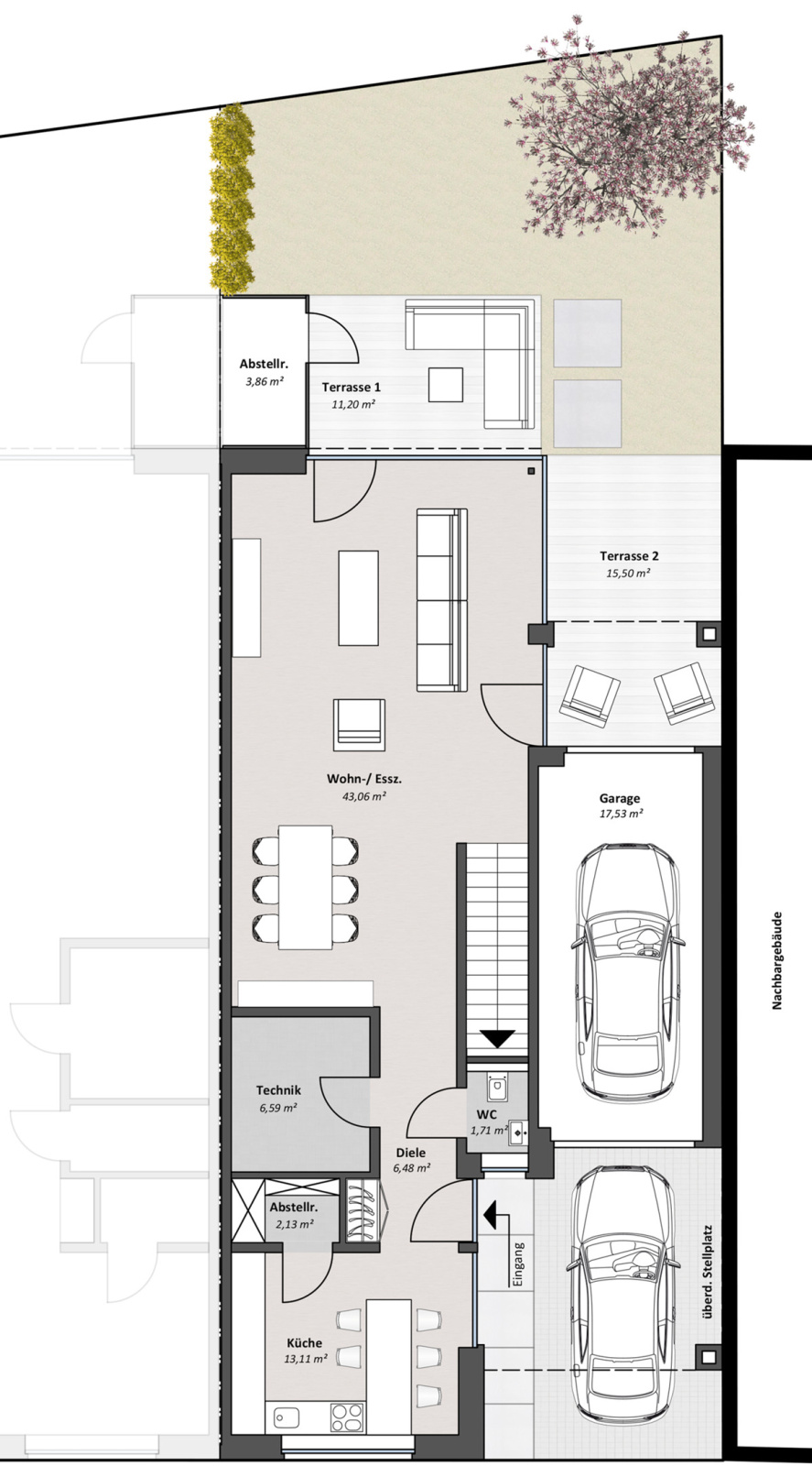 Grundriss einer Doppelhaushälfte zeigt Küche, Wohnzimmer, Flur, Garage und Terrasse